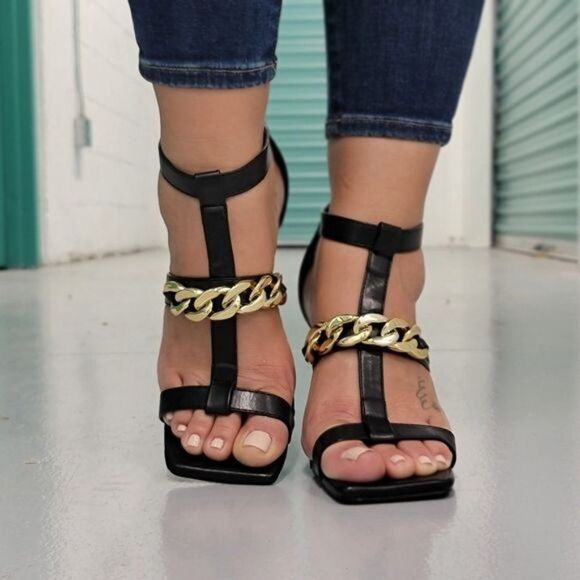 Women's Black Gold Chain Chunky Heels - Picture 3 of 5